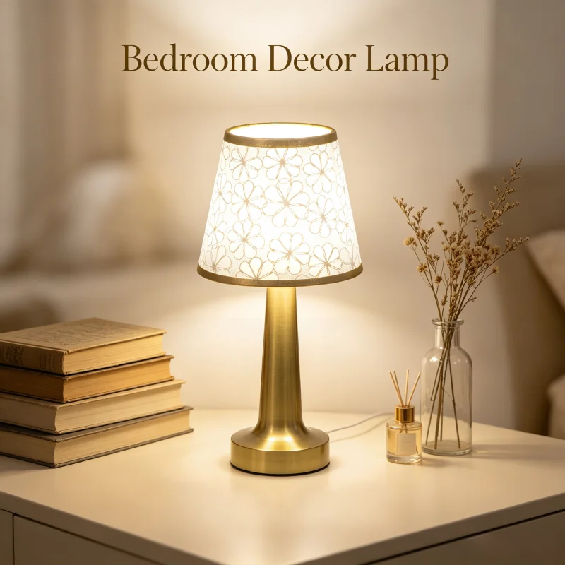 Elegant Floral Embroidery Table Lamp, USB Warm Bedside Decor Lamp, Gold Base Small Nightstand Lamp for Bedroom & Living Room