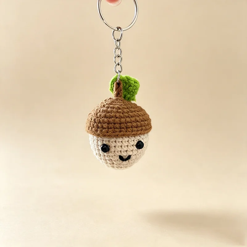 Hand-Woven Crochet Acorn Doll Keychain Cute Smiling Nut Pendant With Leaf Handmade Knitted Bag Charm Car Pendant Gift for Friend