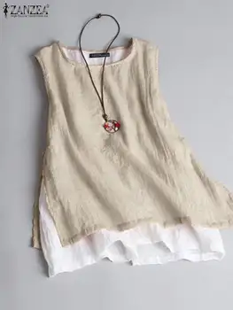 ZANZEA damskie letnie dwuwarstwowe zbiorniki moda bez rękawów topy z okrągłym dekoltem wakacyjne tuniki plażowe Casual luźne rozcięcia po bokach solidna bluzka