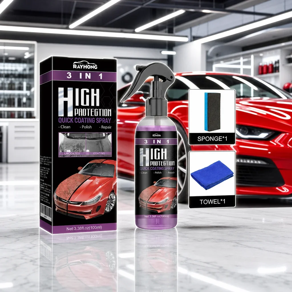 3-in-1 High Protection Quick Coating Spray – 3.38 fl oz (100 ml), PTFE-Infused Car Paint Sealant & Protective High-Gloss Spray, Hydrophobic Shine Restorer for Paint, Plastic, Glass & Chrome with Sponge & Towel