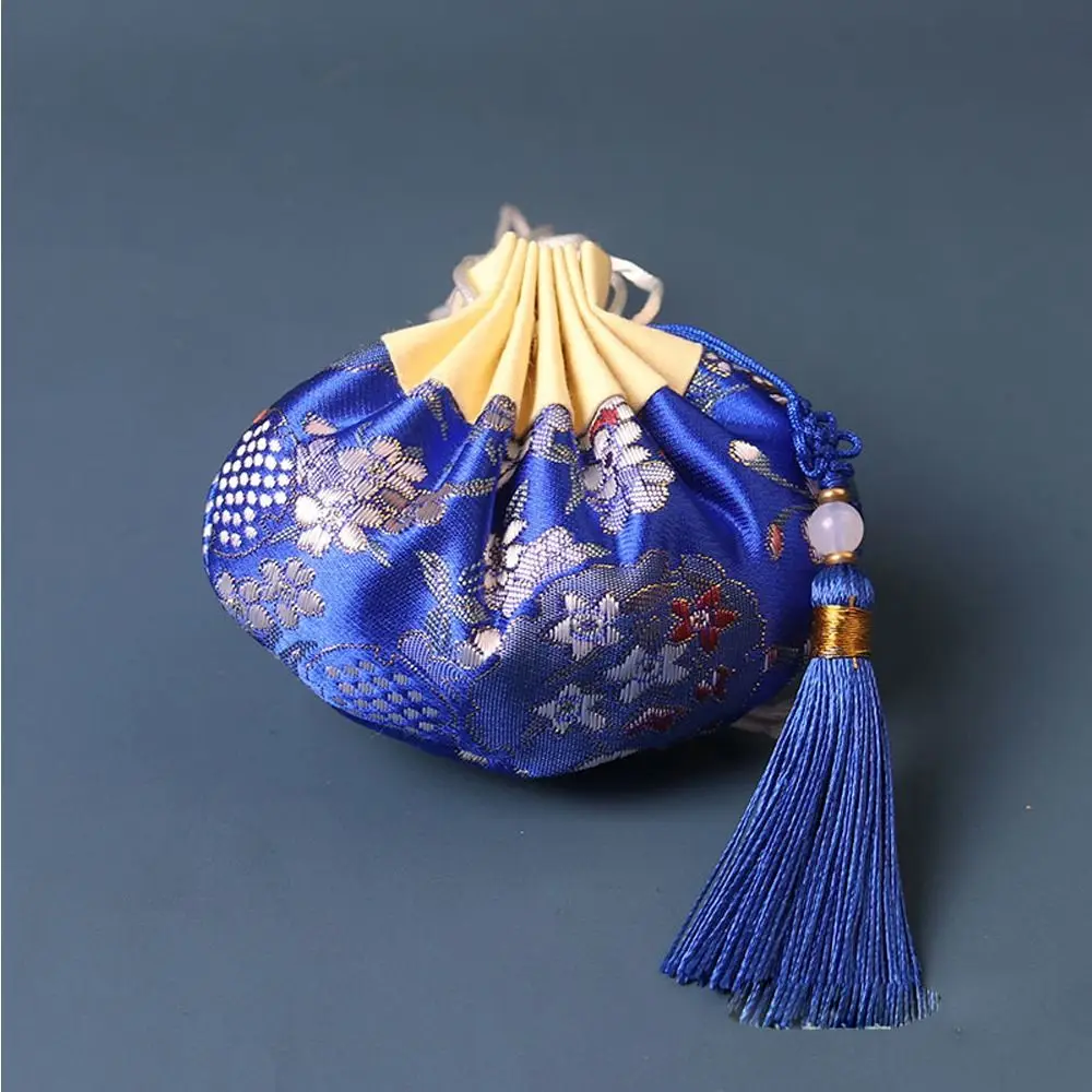 Saco de armazenamento estilo chinês para mulheres, borla com cordão, padrão floral, colares, borla, bolsa, saquinho vazio