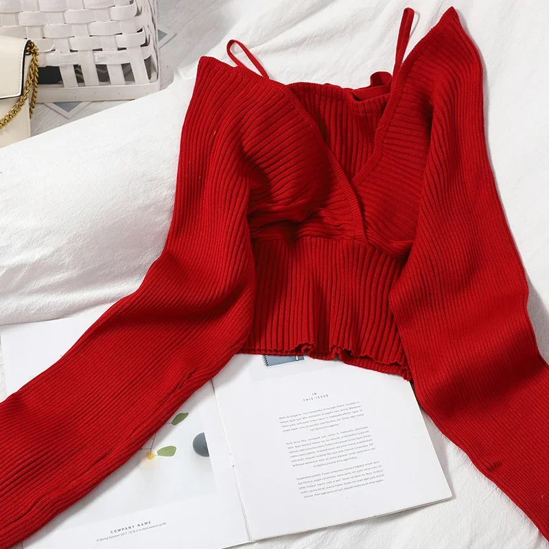 Autumn Lace-up Sling Knitted Pullovers Top Winter New Slim Korean Solid Color V-neck Short Top Knit Sweater Women Jumper Full