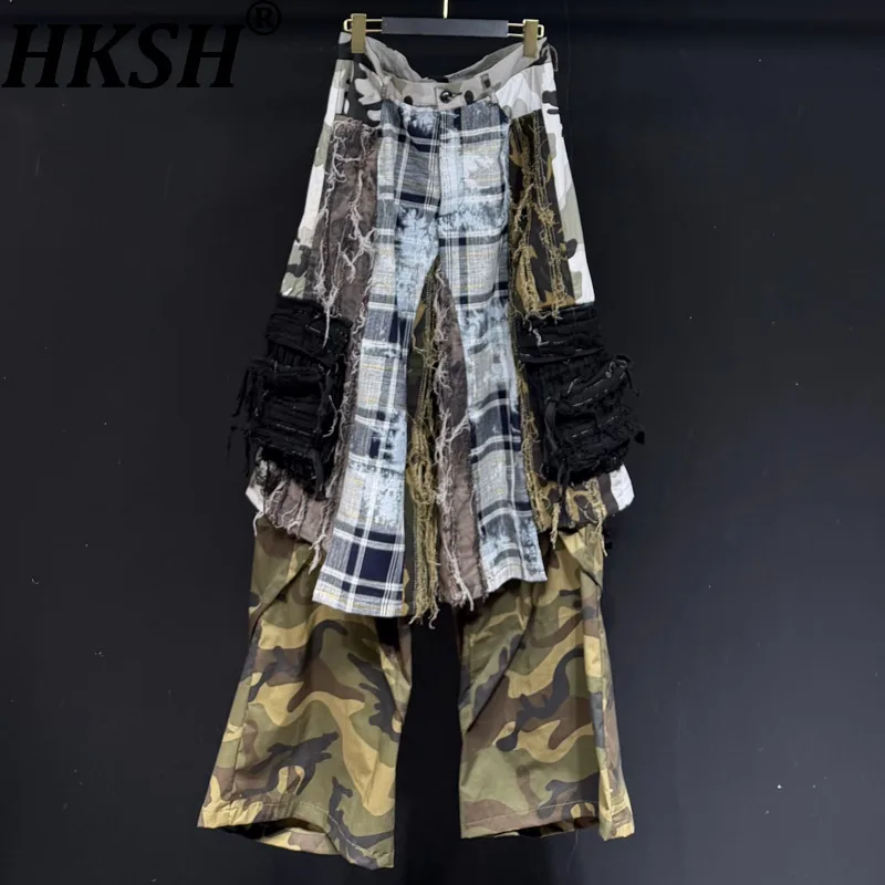 

HKSH весна осень новые мужские поддельные две части дизайн камуфляжные потертые панели свободные широкие брюки с несколькими карманами HK13477