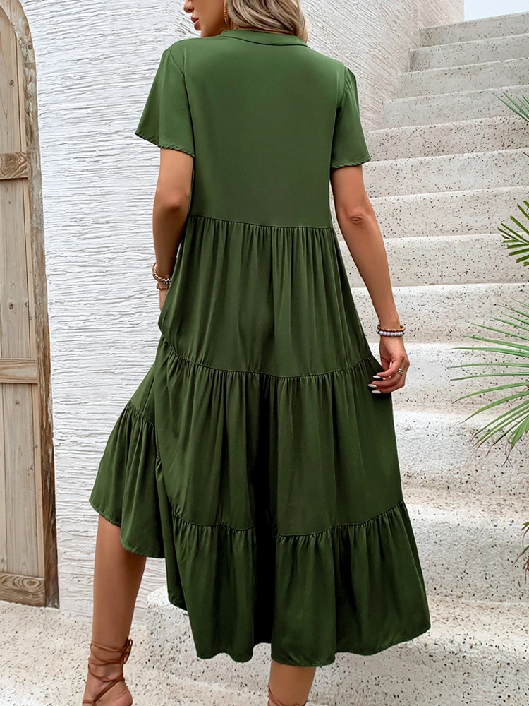 JIM & NORA 2024 summer Europe and the United States hot V-neck loose comfortable dress ruffled short sleeve skirt