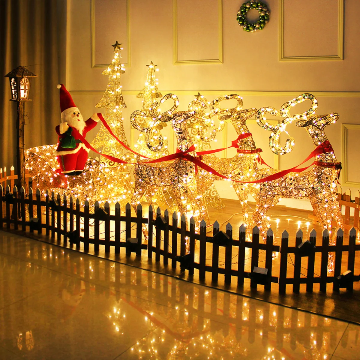 Christmas Gold Reindeer Sleigh Led Light iron sleigh cart Home Garden Yard Ornament Outdoor Navidad Decor arbol de navidad