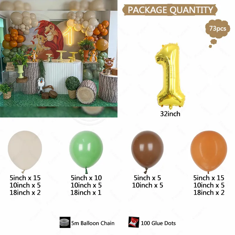 Kit de globos decorativos de Disney para niños y niñas, set de globos con temática del Rey León Simba de 73 piezas, para fiesta de cumpleaños y baby