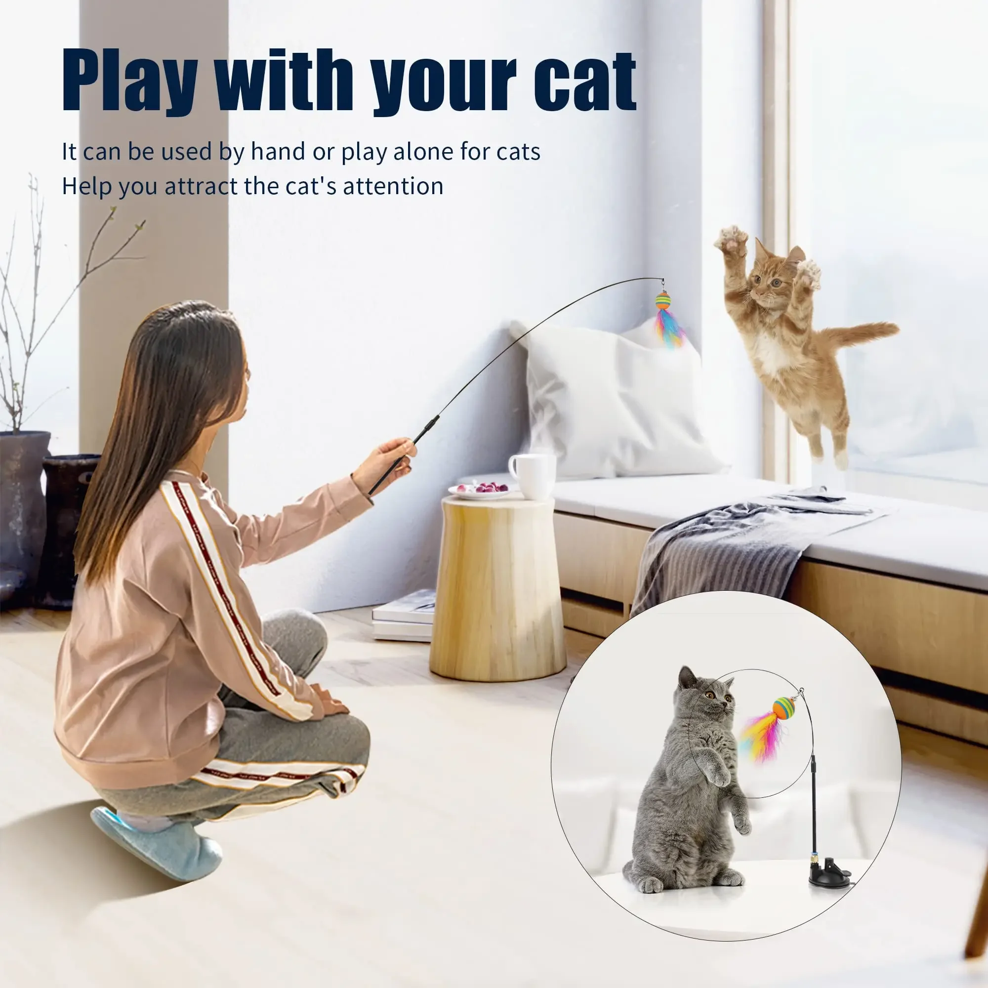 Indoor Cat Toys, Interactive Cat Toys with 2 Magic Wands and 6 Feathers with Bell, Kit with Removable Suction Cup