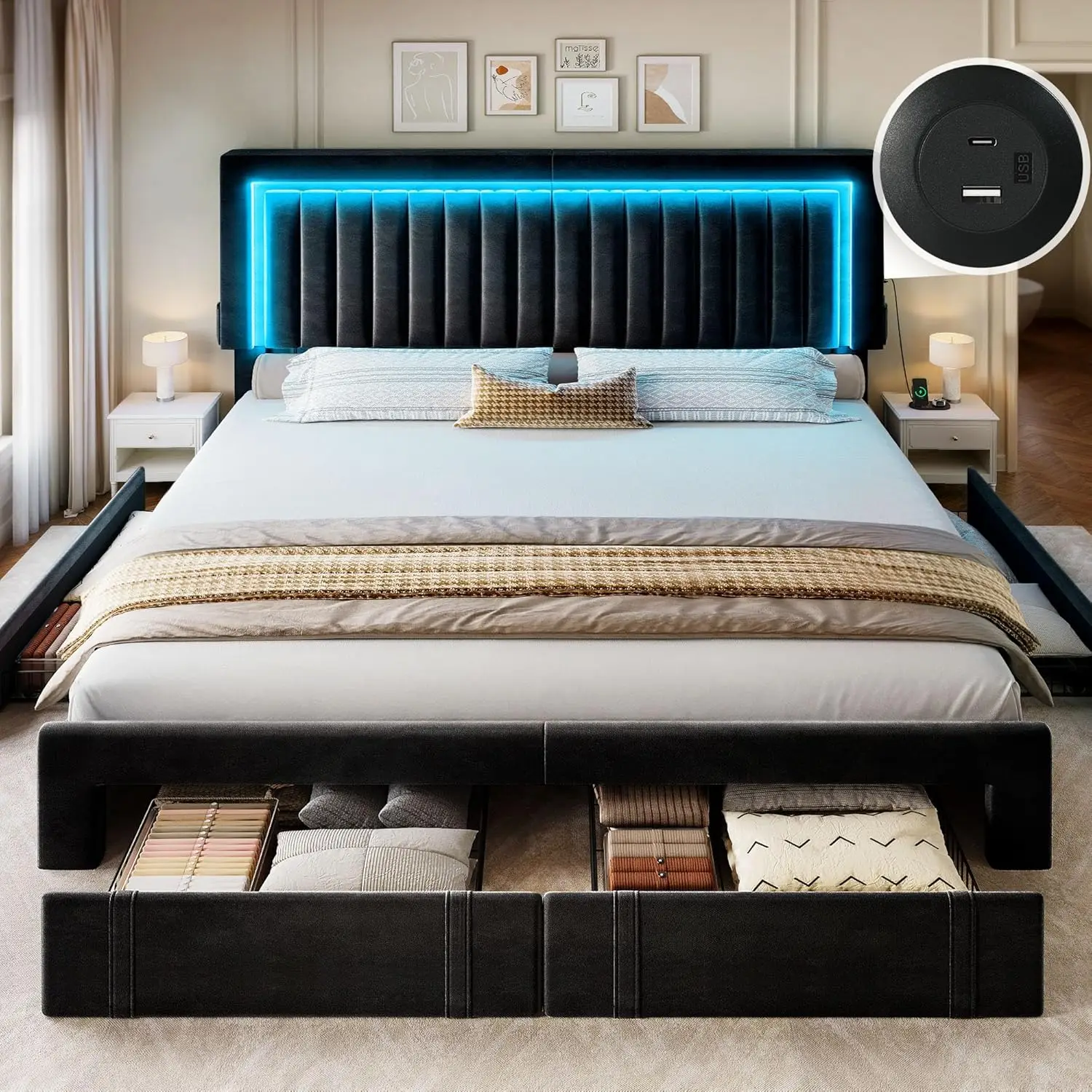 King Size Bed Frame with Velvet Vertical Tufted Upholstered Adjustable Headboard, 4 Storage Drawers, RGB LED Lights and USB Port - view 4