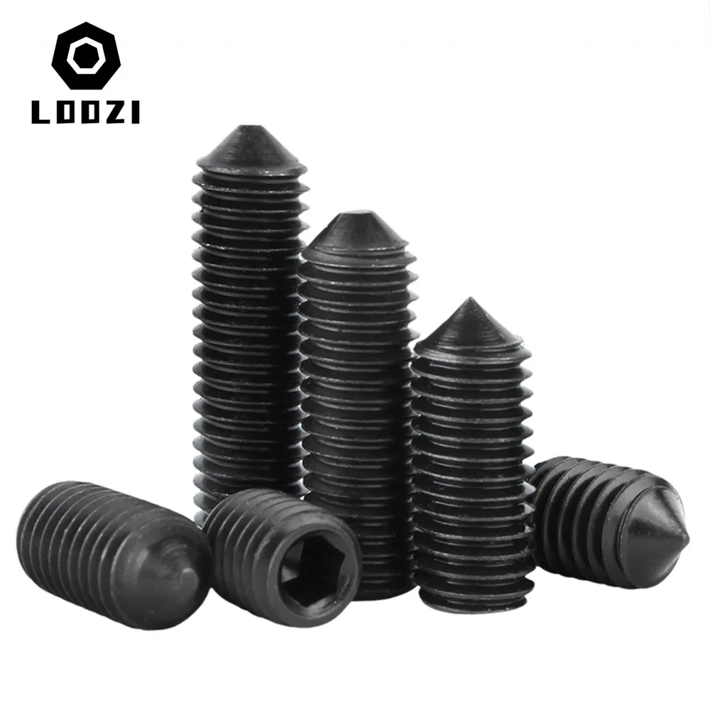 Grade12.9 Sechskant-Innensechskant-Gewindestift aus schwarzem Kohlenstoffstahl mit konischem Punkt, M2, M2,5, M3, M4, M5, M6, M8, M10, Innensechskantschraube mit konischem Ende – Detail 4