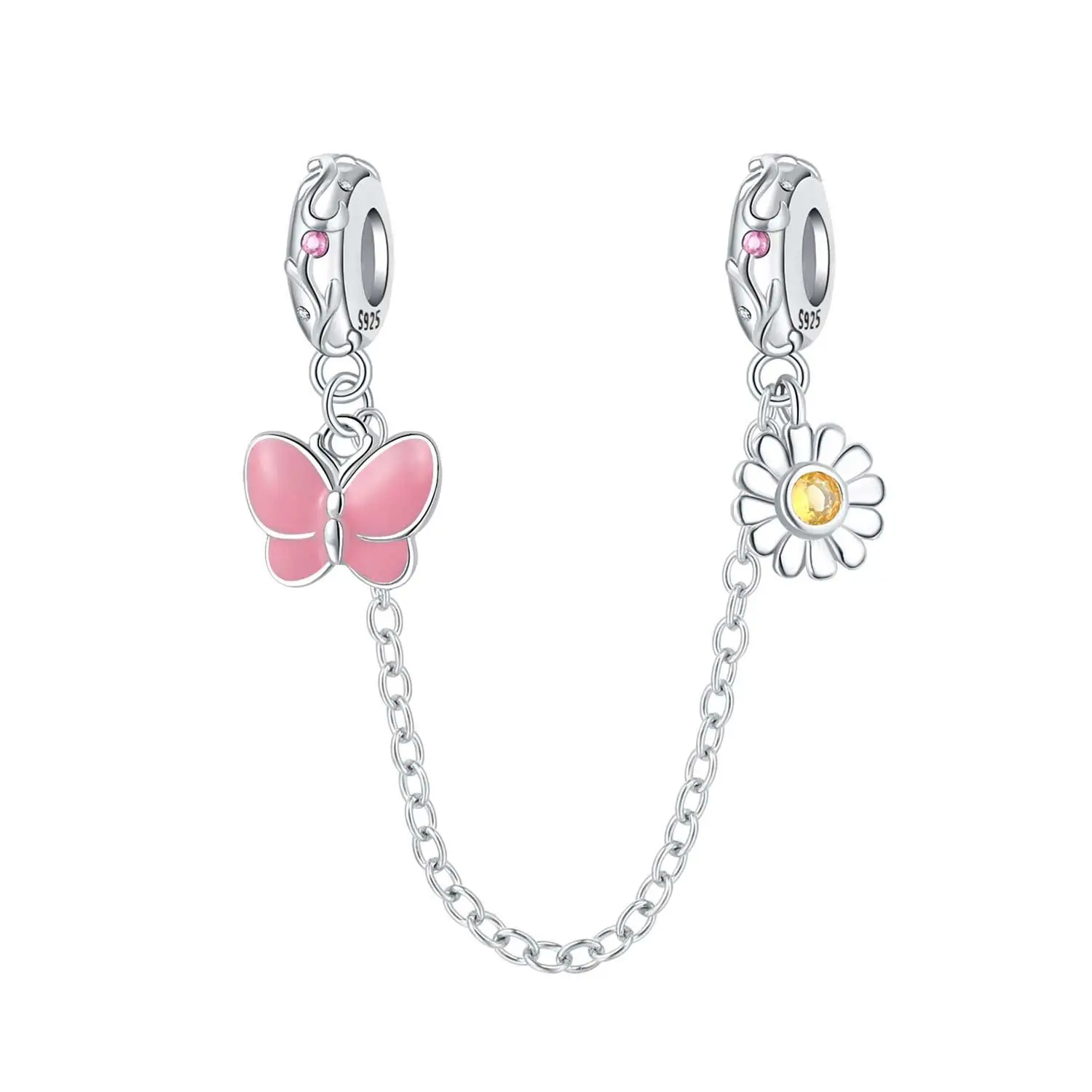

CYCUFF Jewelry Accessories Pink Charm 925 Silver Butterfly Love Flower Safety Chain Fit Original Bangle Charm Bracelet DIY Women