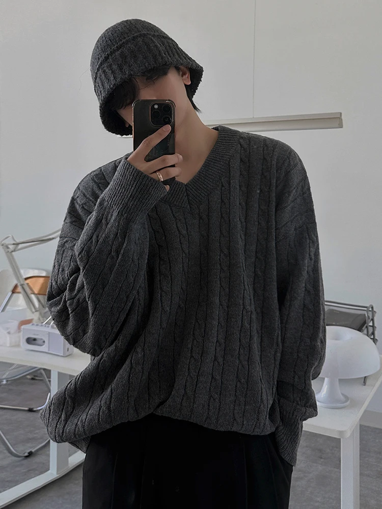 SYUHGFA New 2024 Winter Men's Sweaters Casual V-neck Hemp Pattern Knitting Tops Thickened Pullover Male Loose Tops Niche