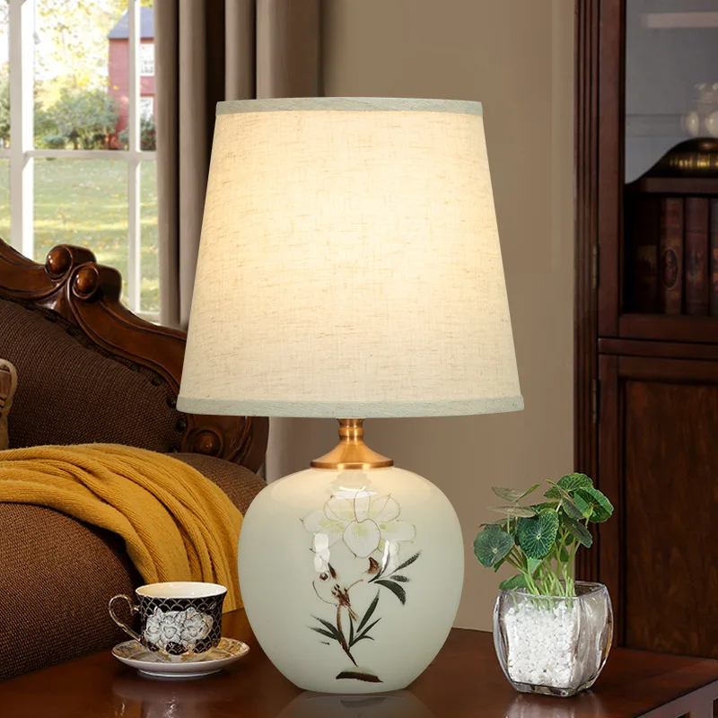 BERTH Ceramic Table Lamps Chinese for Bedside Modern White LED Dimming Desk Light For Home Living Bedroom Decor