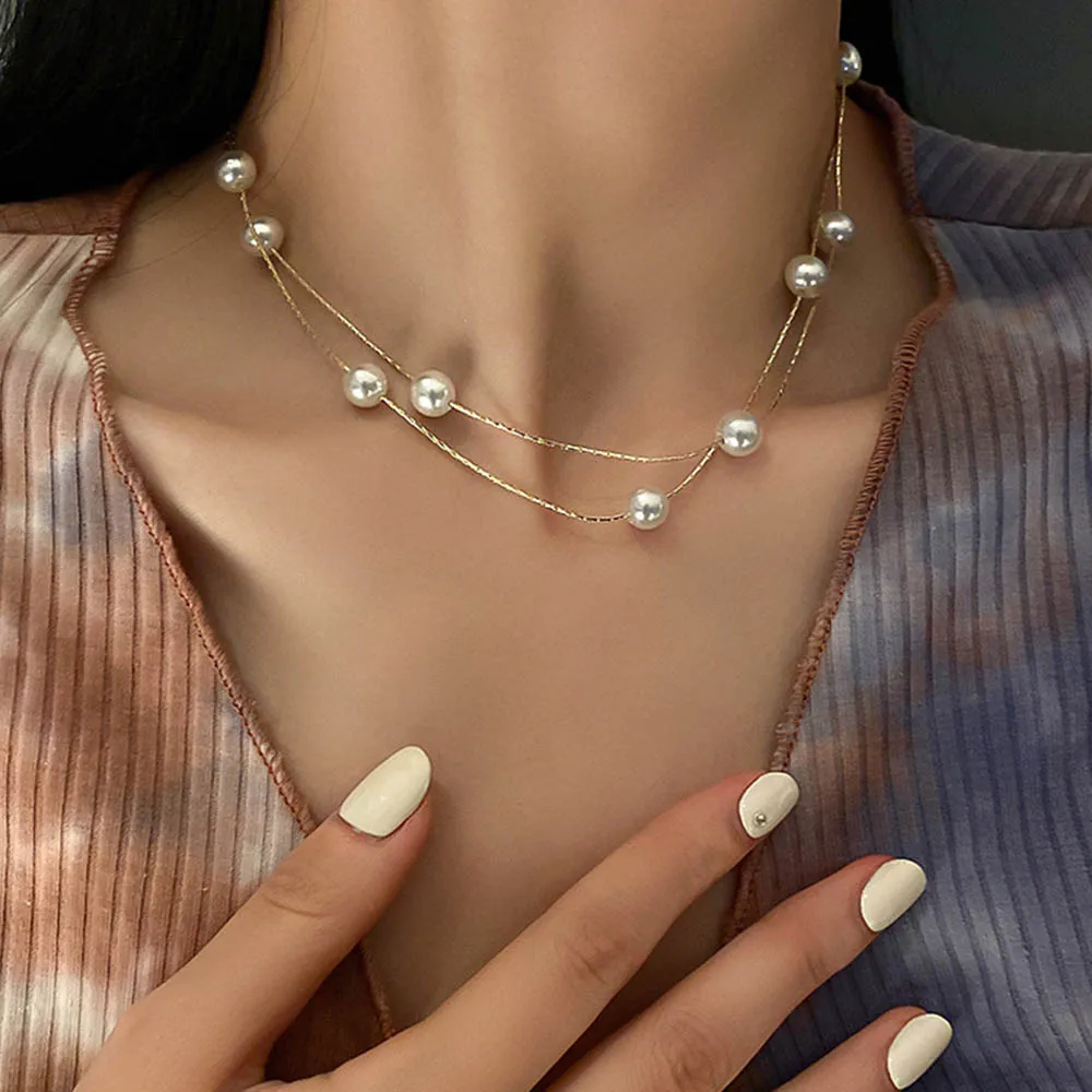 Korean Elegant Imitation Pearl Beads Double Layered Stacked Necklace Gold Color Chocker on The Neck Jewelry 2024 Collar for Girl