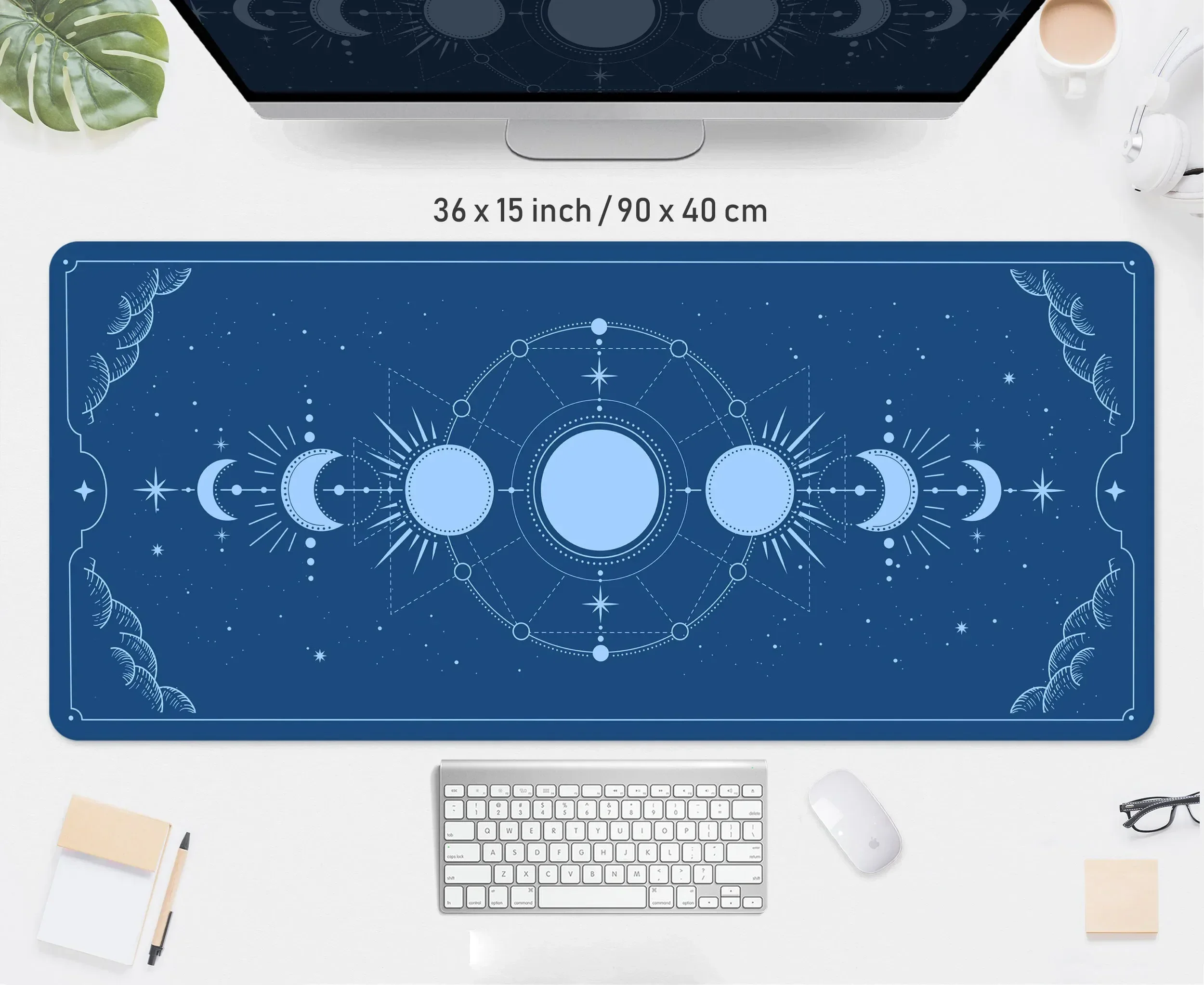 HD Royal Blue Desk Mat Moon Phases Light Brown Mousepad Boho Plain Sage Rubber Neutral Simple Large Gaming Mouse Pad Aesthe Rug