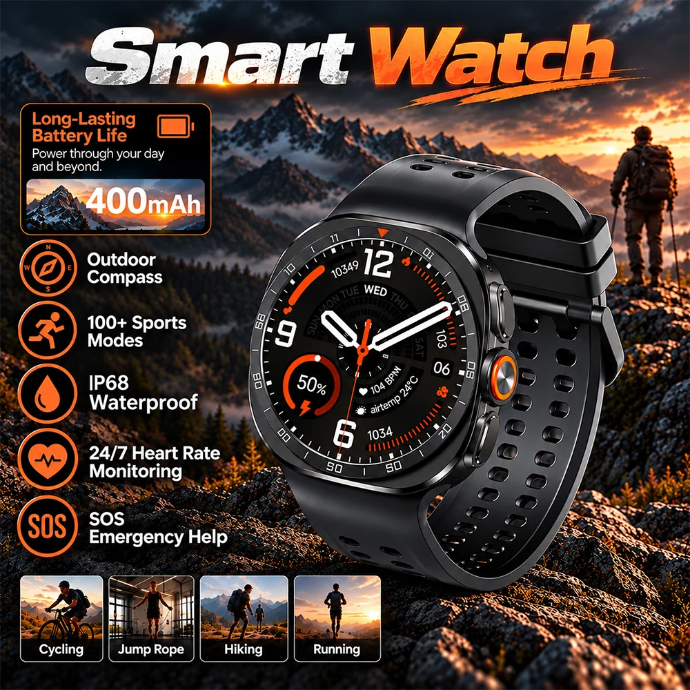 2026 Outdoor Sports Smart Watch 9 High-Precision Sensor LED Flashlight SOS Waterproof Compass Wireless Call 400mAh Smart Watch