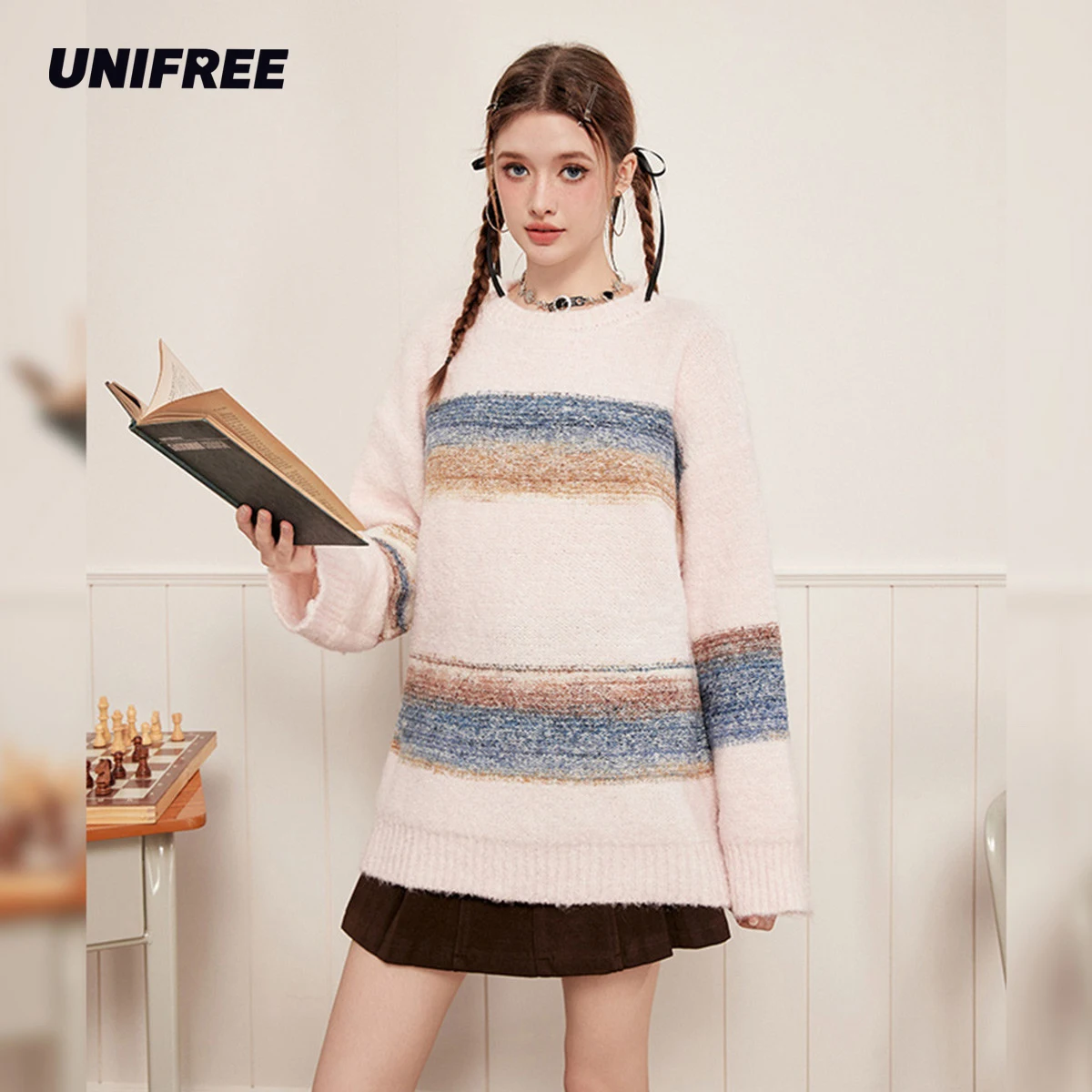 

UNIFREE Pink Stripe Sweaters for Women Fashion Loose O-neck Vintage Knitted Pullovers Winter Warm Harajuku Warm Sweater