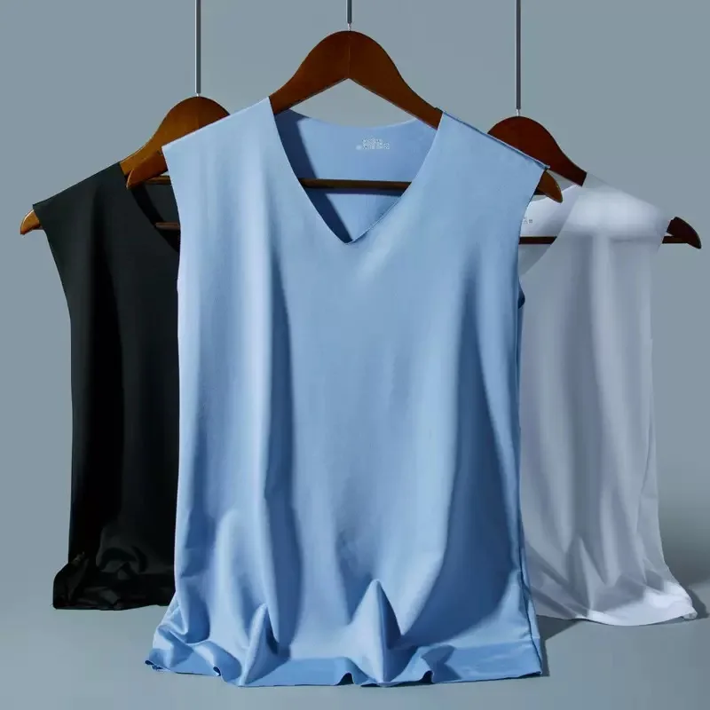 Débardeur Homme Slim Été 2026 en Soie Glacée Col V Sans Coutures Tendance Fitness Sport Respirant