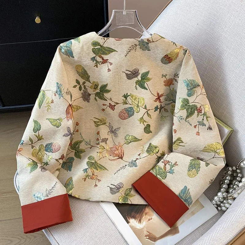 สไตล์จีนใหม่ปรับปรุงขนาดเล็กรอบคอ Hanfu ผ้าถาดปุ่ม jacquard เย็บปักถักร้อยหนักเสื้อเสื้อสเวตเตอร์ถัก