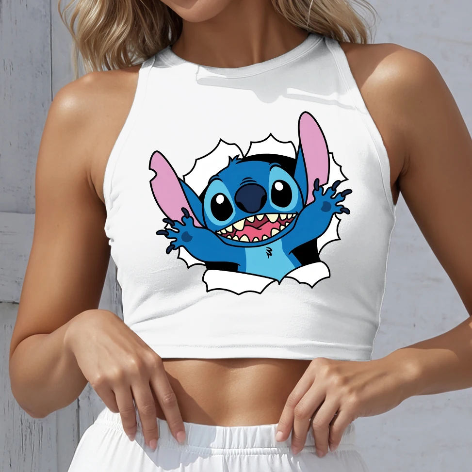 

Stitch Pattern Sports Disney Sleeveless Woman Clothing Tees Cartoon Female Tops T Shirt Short Clothes New Mickey Minnie Corset