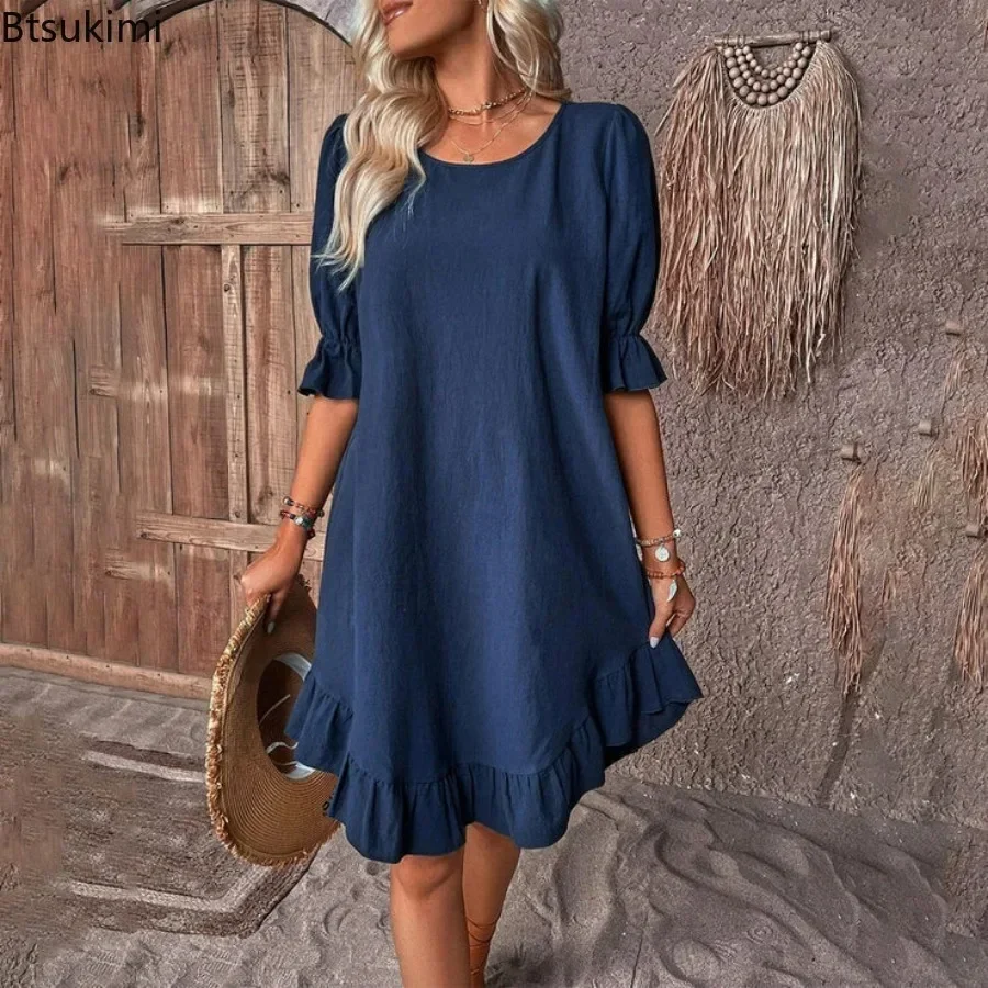 

New 2025 Women's Spring Summer Casual Dress Vintage Cotton Linen Dresses Half Sleeve Female O-neck Beach Evening Mini Dress Boho