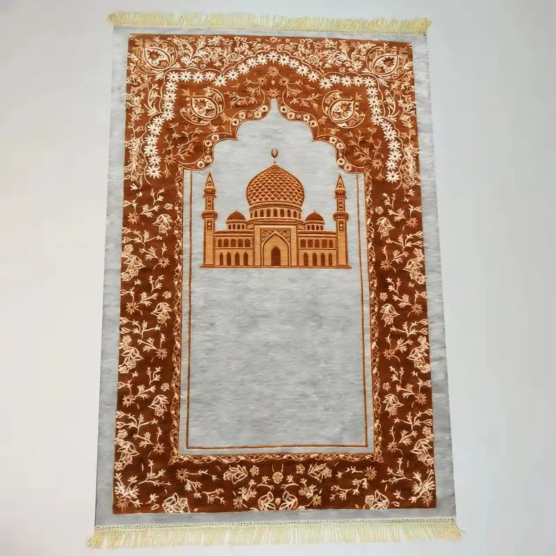 VIKAMA Velvet Islamic Salat Mat Classic Red Floral Arch Mihrab Design Portable Anti Slip Prayer Rug Eid Mubarak Home Gift