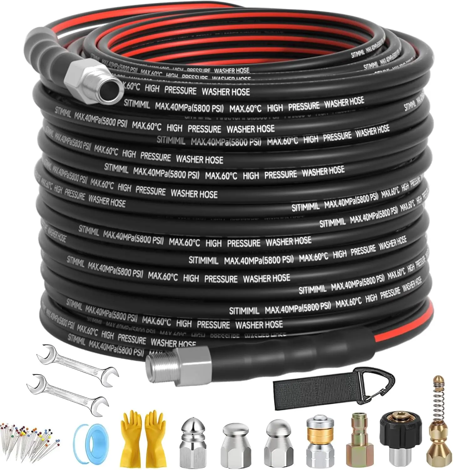 

Профессиональный комплект для промывки канализации, шланг 100 футов, 5800 фунтов на квадратный дюйм, 5 насадками, гаечными ключами и перчатками для очистки дренажа