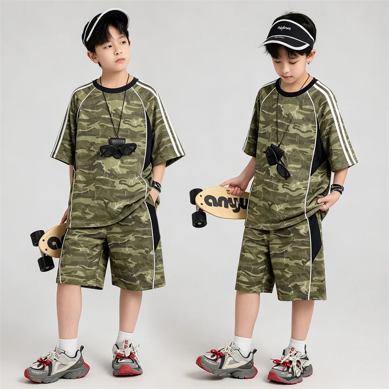 

Teen Boys Clothing Set Summer Camouflage Print Short Sleeve T-shirt+Shorts 2Pcs Suit For 8 10 12 14 15 Years Kids Casual Outfits