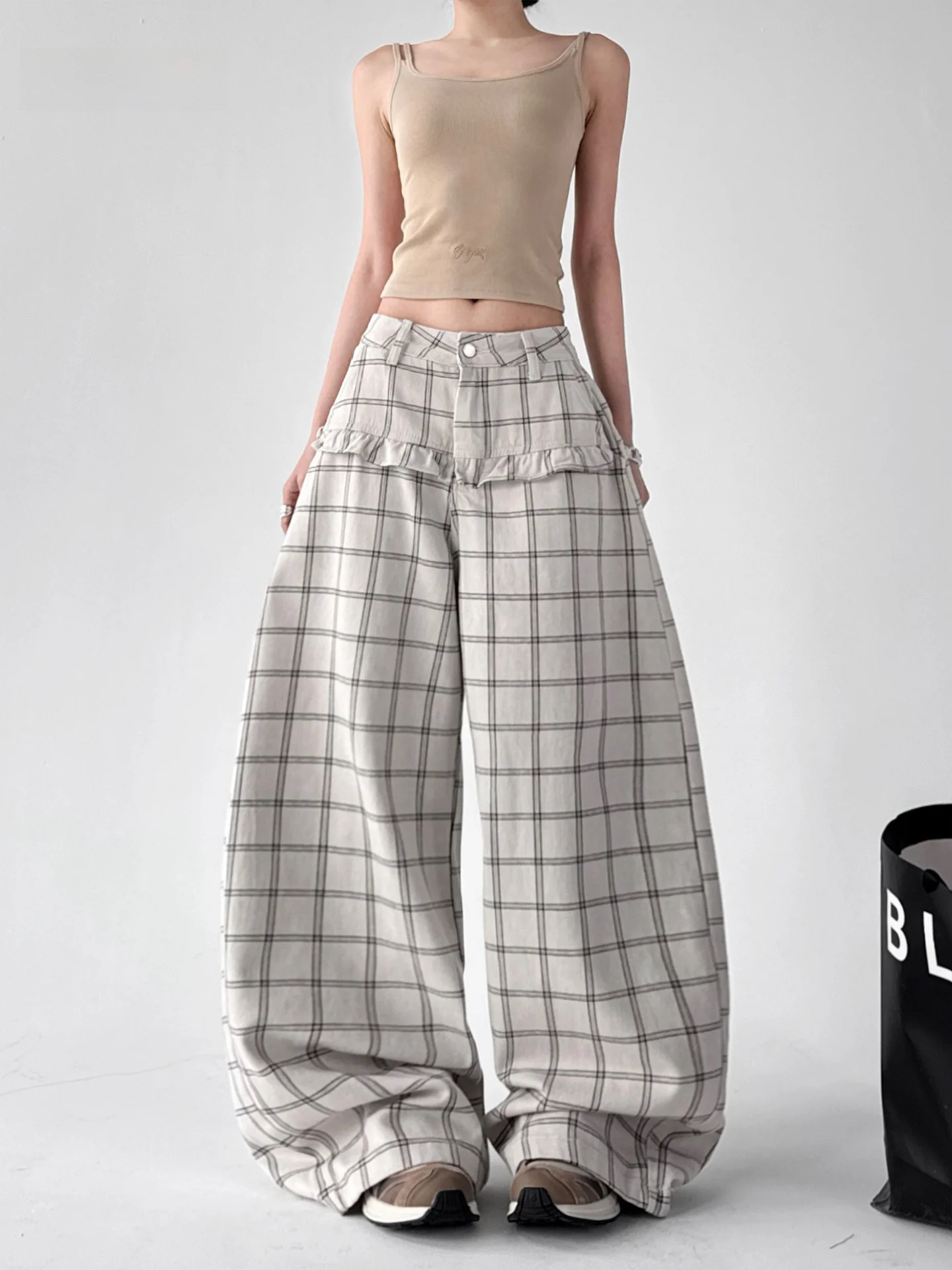 

Casual Plaid Patchwork Straight Leg Jeans Women's Loose Long High Waist Spring New Sle Cotton Blend Stretch Denim Trousers