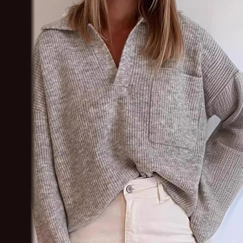 

Новый Herbst Mode 2025 Pull Femme, однотонный вязаный свободный пуловер с карманами и лацканами для офиса, свитер, трикотажные изделия Mujer Talla Grande