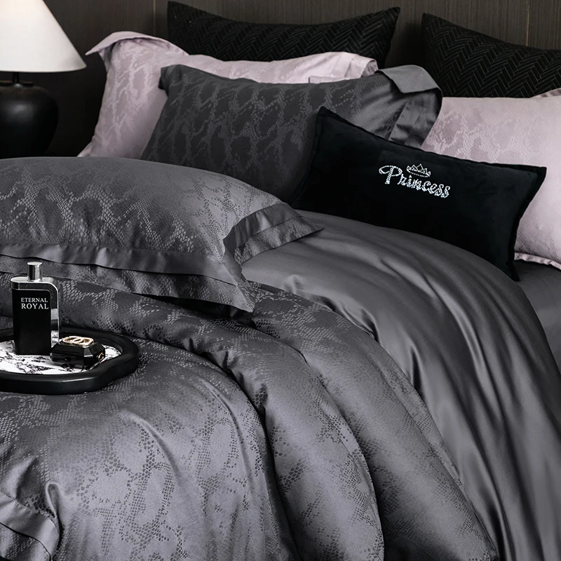 4Pcs Luxury 1000TC Egyptian Cotton Bedding Set Satin Jacquard Dark Gray Duvet Cover Set Bed Sheet Or Fitted Sheet Pillowcases