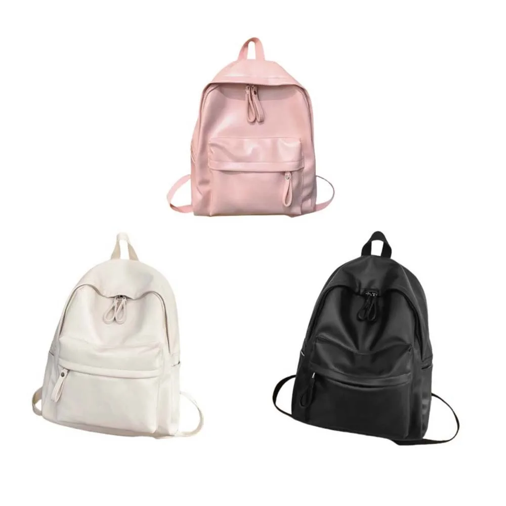 Daypack PU Leather Backpack Solid Color Large Capacity Student School Bag Adjustable Straps Portable Unisex Couple Backpack