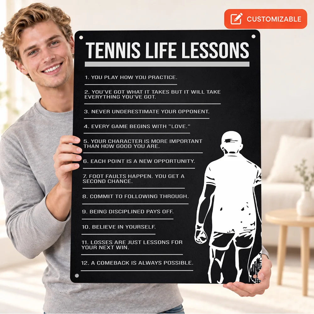 Tennis Life Lessons Lettering Printed Poster Customized Aluminum Metal Sign Typography Wall Art For Sports Lounge, Player Gift