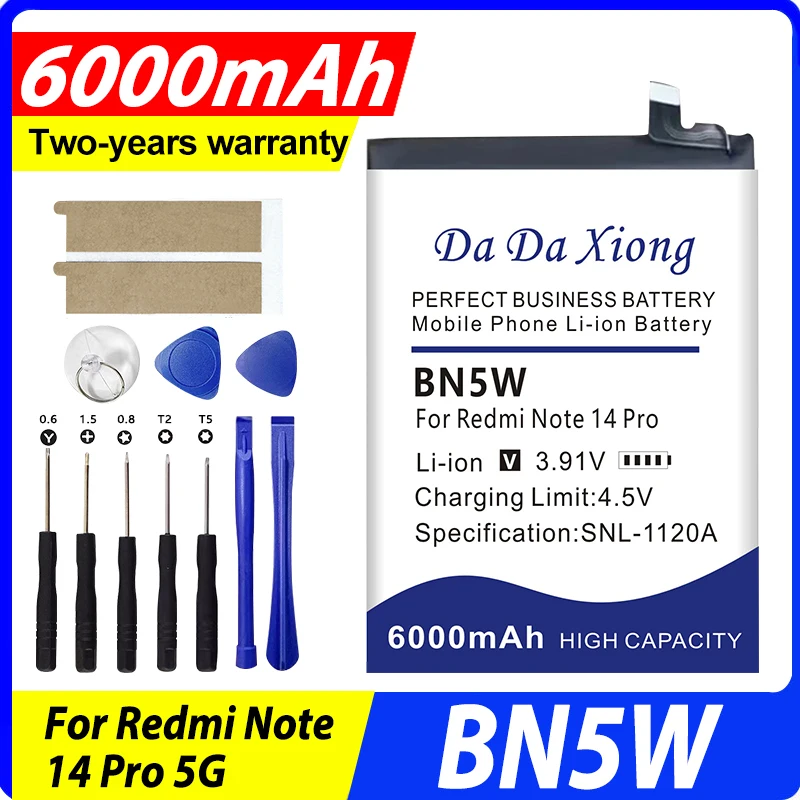 

DaDaXiong BN5W For Redmi Note 14 Pro 5G 24090RA29C 24090RA29I 6000mah Replacement Mobile Phone Battery Batteries + Tools