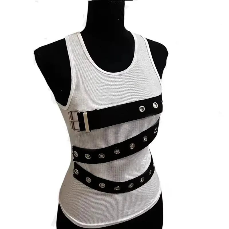 2000s Summer Sleeveless Round Neck High Street Punk Tops European American Fashion Sexy Belted Decorative Gothic Spice Girl Vest
