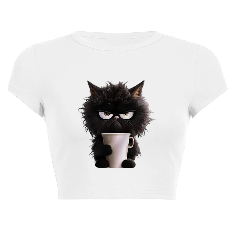 Round Neck Comfortable Short Sleeve Women's Clothing 2026 Spring Summer Funny Casual T-shirt Cute Cat Print Crop Tops Streetwear