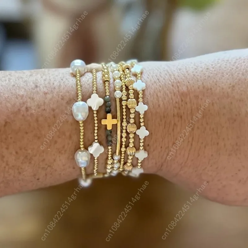 Dainty Cross Clover Gold Beaded Pearl Bracelet Stack for Women,Handmade Boho Gold Plated Beads Stretch Stackable Bracelets Fashi