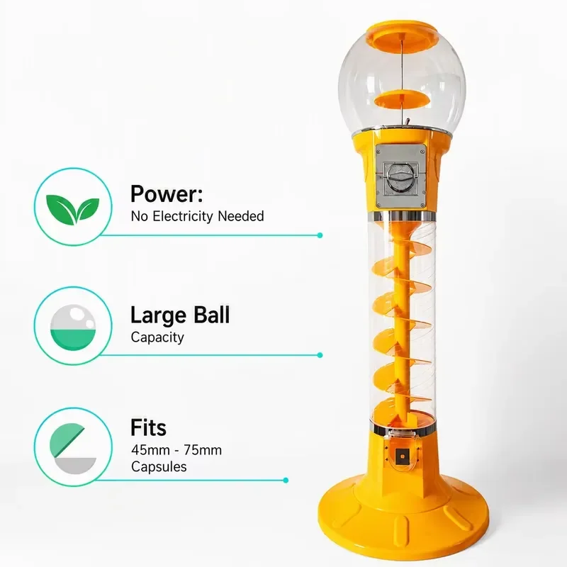 145cm Tall Spiral Coin Operated Vending Machine for 45mm 75mm Capsule Toys Commercial Gumball Dispenser for Kids