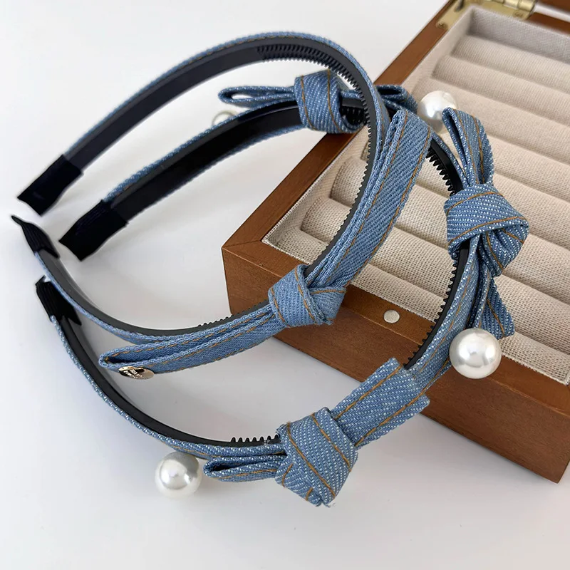 Retro Denim Blue Color Bow Pearl Headband Girls Sweet Hair Bands For Woman Temperament Hair Hoop Female Fashion Hair Accessories