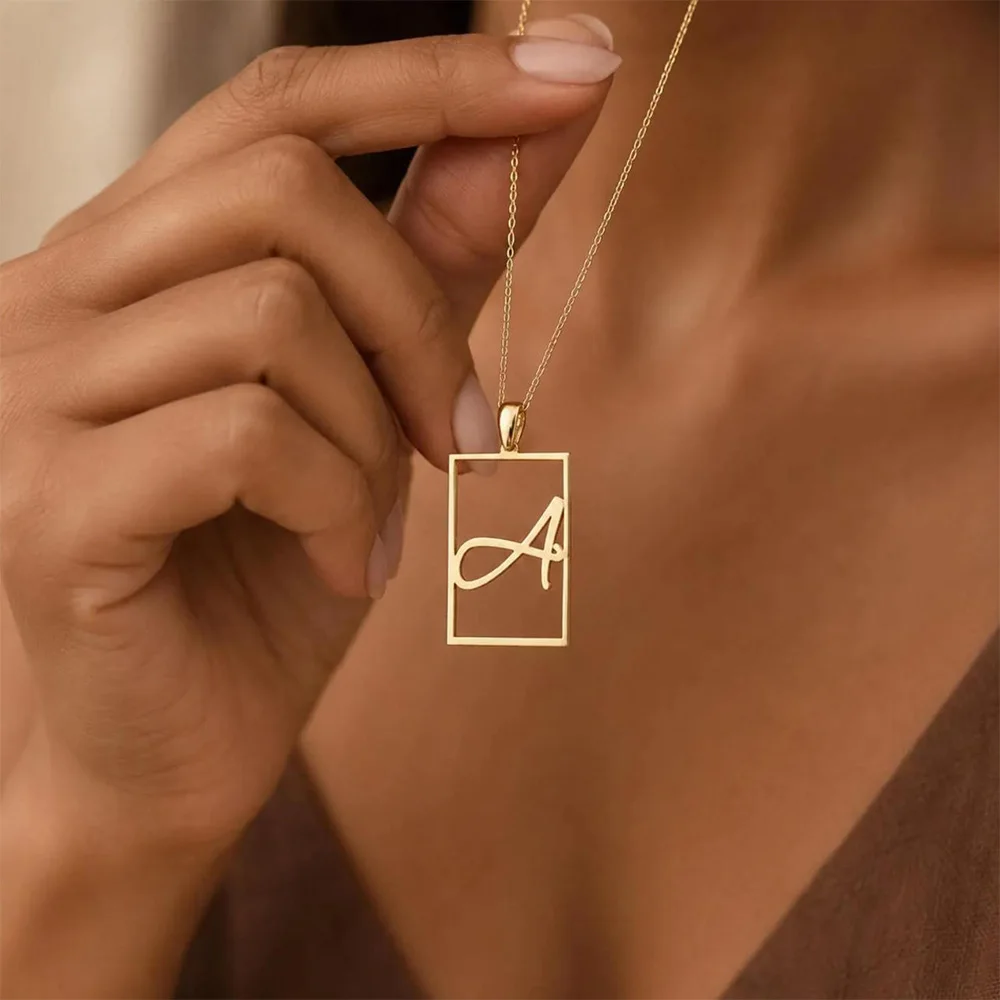 Personalized customization A-Z pendant necklace with hollow rectangular frame stainless steel necklace exquisite jewelry gift