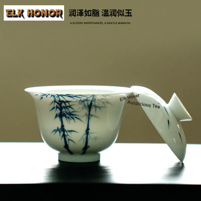 120ml White Porcelain Hand-painted Bamboo Gaiwan Handmade Tea Tureen Tea Bowl with Lid Kit Tea Brewing Cover Bowl Cafes Craft