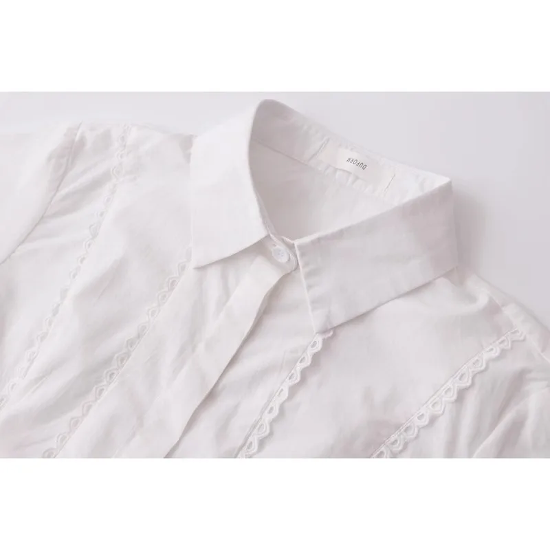 White Shirts for Women Lapel Short Sleeve Lace Trimmed Cotton Blouse Summer Vintage Casual Loose Hot Girls Shirt Preppy Clothes