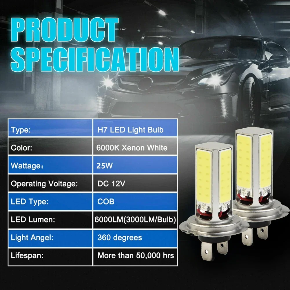 2pcs DC 12V H7 COB LED Headlight Bulbs Kit High Low Beam Super Bright 6000K Xenon White Car LED Light Bulb Fog Lights DRL Lamp