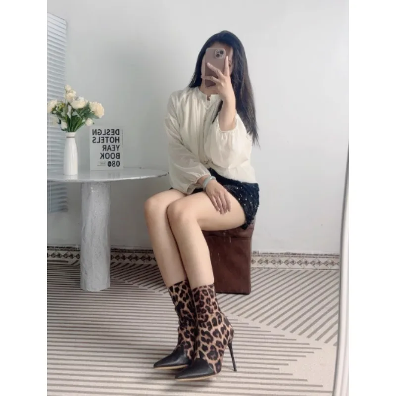 

2025 Autumn and Winter Sheepskin New Women's High Heels Brown Leopard Print Pointed Fashion Boots