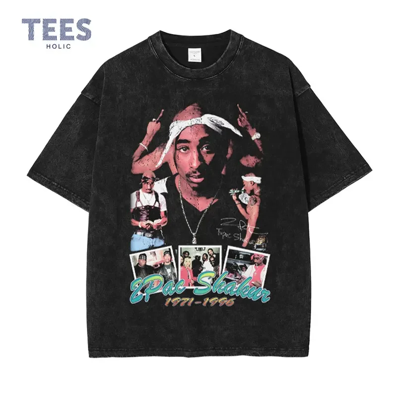 Hip Hop 2Pac T Shirt Tupac Vintage Washed Rapper Amaru Shakur T-shirts Oversized Old School Tshirts Makaveli Retro Tops Tees Men