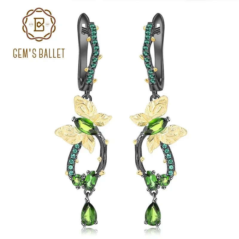 GEM'S BALLET 925 Sterling Silver Earrings Natural Chrome Diopside Handmade Butterfly on Branch Drop Earrings for Women Brincos