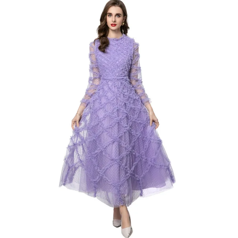 

[Vibe] Fashion Women's Elegant Dress Round Neck Splicing Ruffles Long Sleeve High Waist Princess Dresses 2025 Female New
