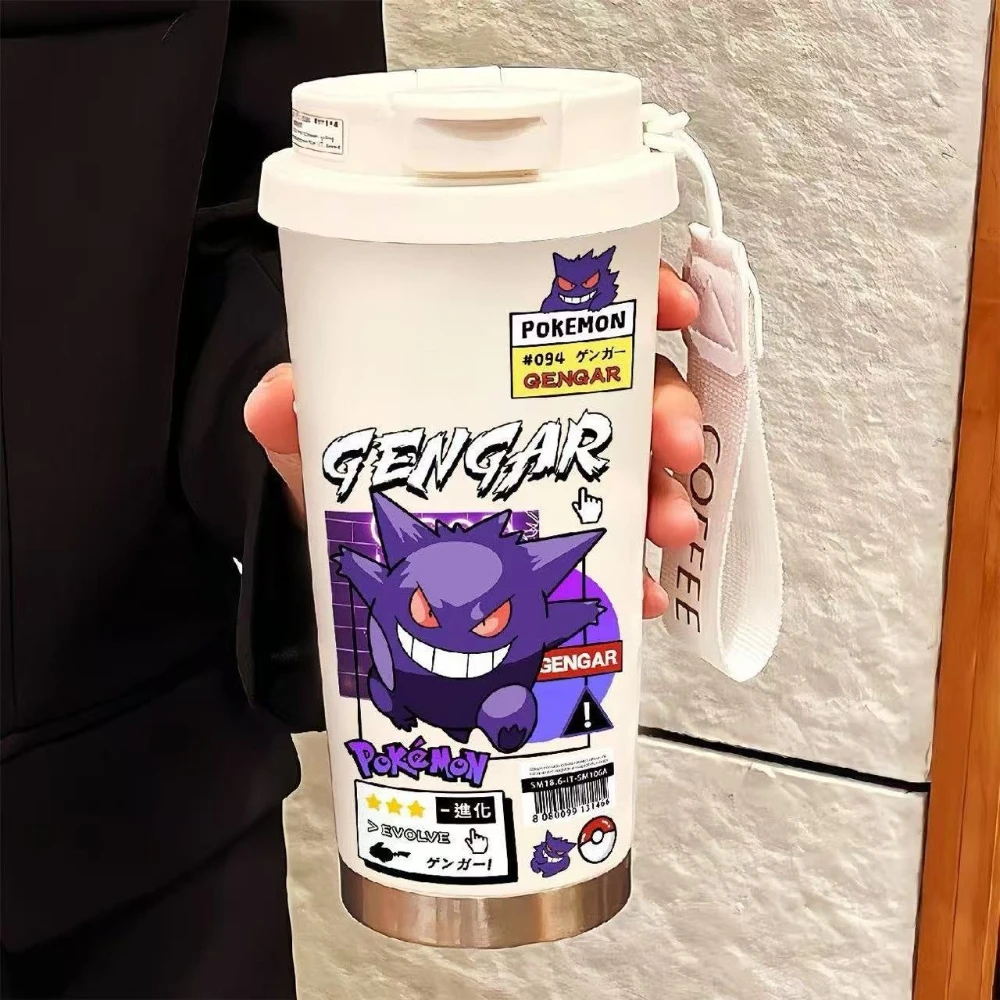 MINISO بوكيمون Gengar كوب بقشة زجاجة ماء للأطفال الإبداعية المحمولة زجاجة رياضية كوب قارورة عازلة هدايا عيد الميلاد للأطفال