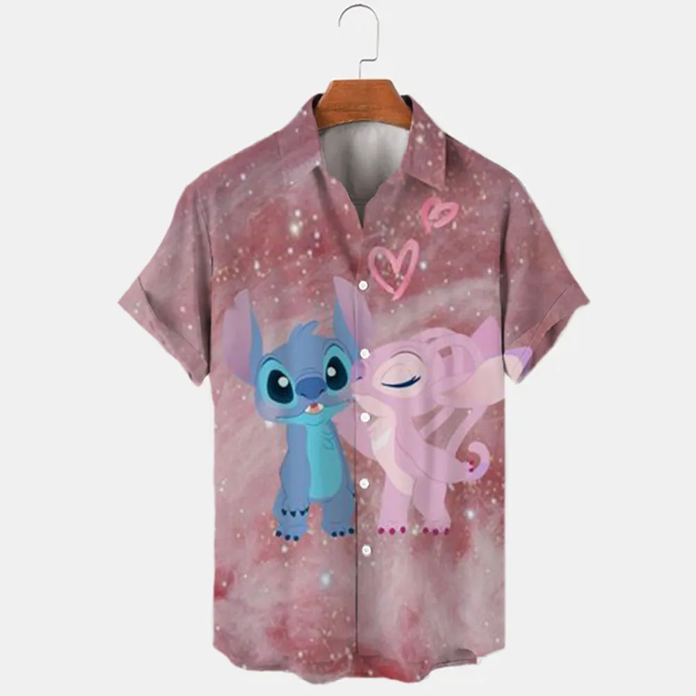 Verão 2022 nova disney stitch marca dos desenhos animados casual estilo de praia 3d impresso manga curta camisa lapela magro ajuste masculino topo