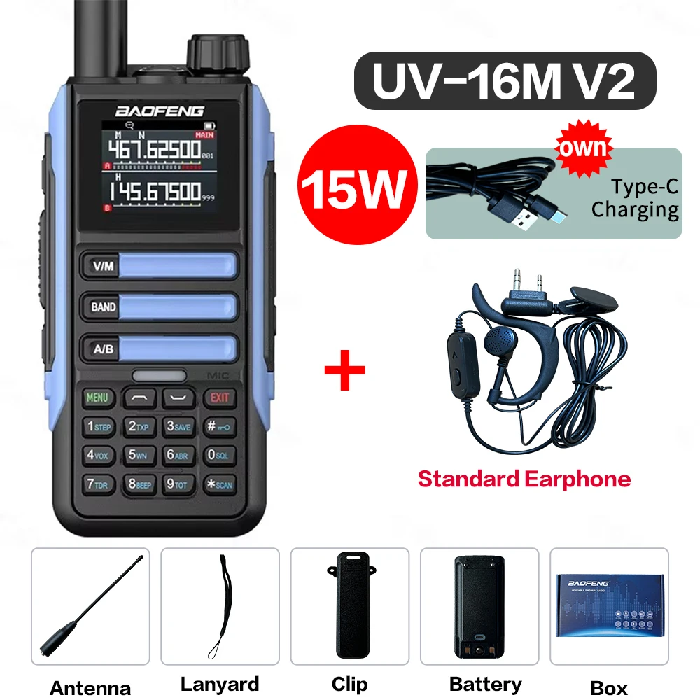 Baofeng Upgrade UV16M V2 Walkie Talkie 15 Вт Высокая емкость AM FM 2-стороннее радио Полнодиапазонный ЖК-дисплей 999CH Частотная копия NOAA Шумоподавление