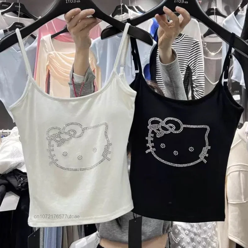 Sanrio Hello Kitty Sling Top with Chest Pads Faux Diamond Cute Cartoon Pattern Slim Camisole Strap Tees Female Summer Tops